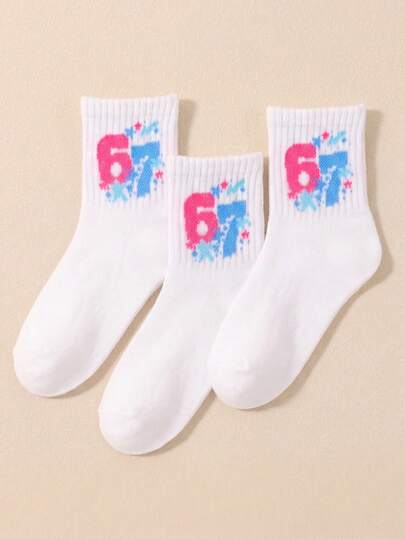3 Pairs Random Style Children's Mid-Calf Socks, White Mid-Calf Socks With Blue & Pink 67 Gesture Print, Fun 67 Theme Casual Style, Simple Versatile Footwear