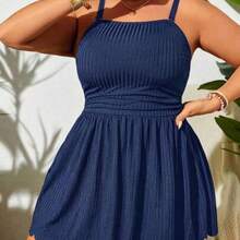 dagjydgfyja Swim Lushoire Vestido de baño de talla grande con tirantes finos sólido de verano con dobladillo de concha y bikini inferior, adecuado para usar en la piscina - Azul marino - Ver 1