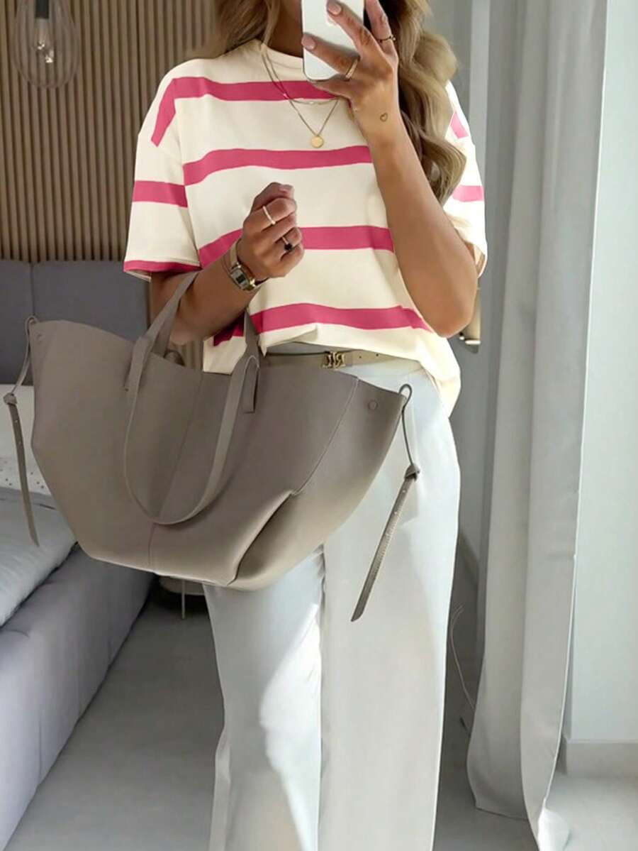 Top de manga corta holgado con rayas, estilo informal coreano para primavera y verano - Rosa Fucsia - Ver 1