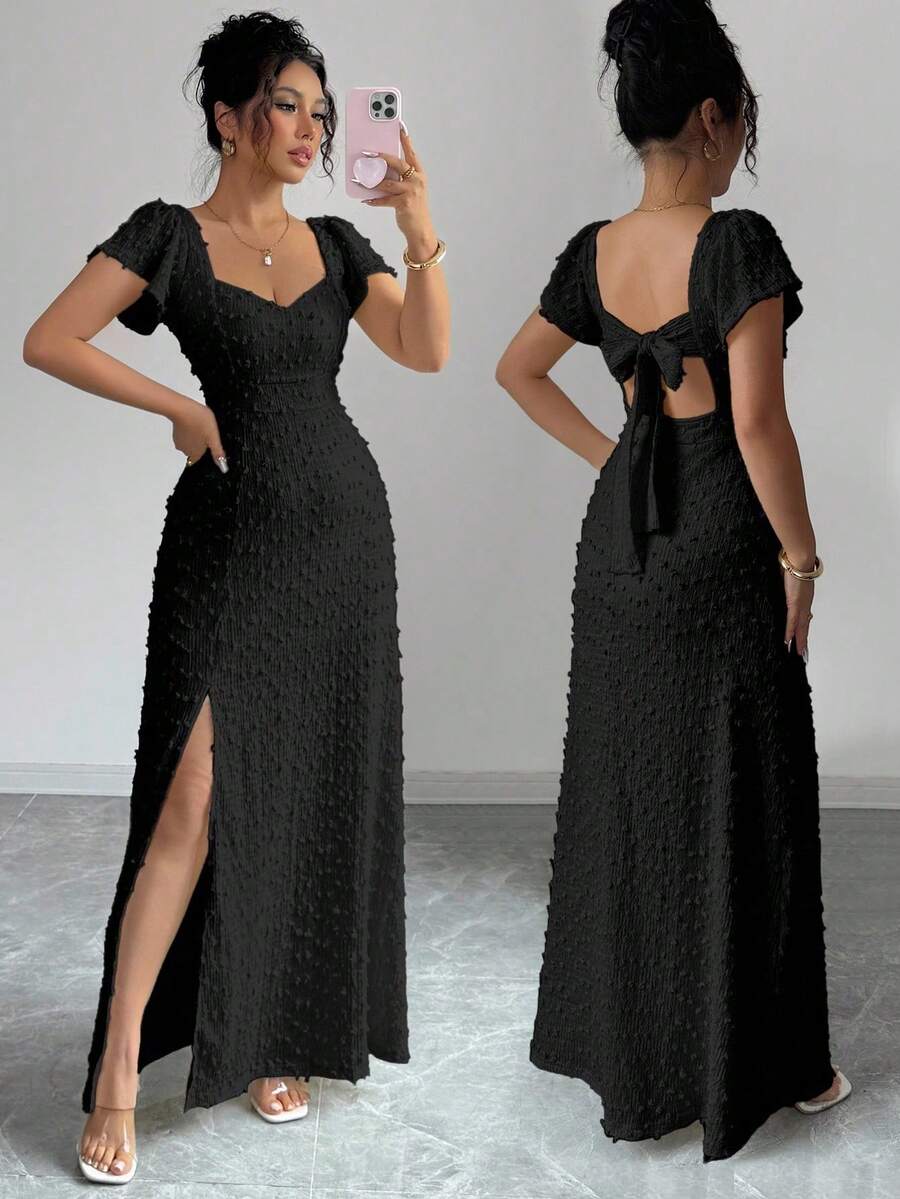 xheRafferiza Vestido largo elegante y delgado de unicolor con espalda descubierta, lazo y mangas de loto con abertura alta, para vacaciones y citas en primavera/veranoxhe - Negro - Ver 1