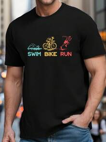 Camiseta para hombre inspirada en el triatlón -% algodón, cuello redondo, con diseños geométricos para natación, ciclismo y running - Top casual de verano en tejido de punto, 180g - Negro - Ver 1