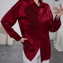 Camisa elegante de mujer de unicolor con manga larga y parches - Burdeos - Ver 3