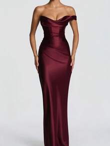 Backless Solid Color Maxi Dress, Women's Strapless Ruched Evening Party Dress - 酒紅色 - 查看 7