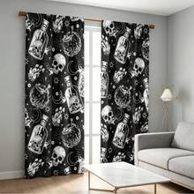 2pcs1set Gothic Skull And Bottle Print Blackout Curtains - Bat Design, Machine Washable Polyester, Bedroom, Living Room, Kitchen Decor (Rod Not Included), Living Room Curtains - Multicolor - View 4