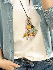 STEPHIECATHY Fashionable Colorful Knot Rope Flower Shape Decoration Colorful Beads Fruits Grape Hand Woven Bracelet Bag Charms Key Chain Pendant Suitable For Phone Bag Accessories Handbag Hanging Ornament - Multicolor - View 5