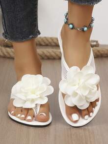 純色時尚布藝花朵趾帶夾腳拖鞋沙灘度假涼鞋 - 白色 - 查看 7