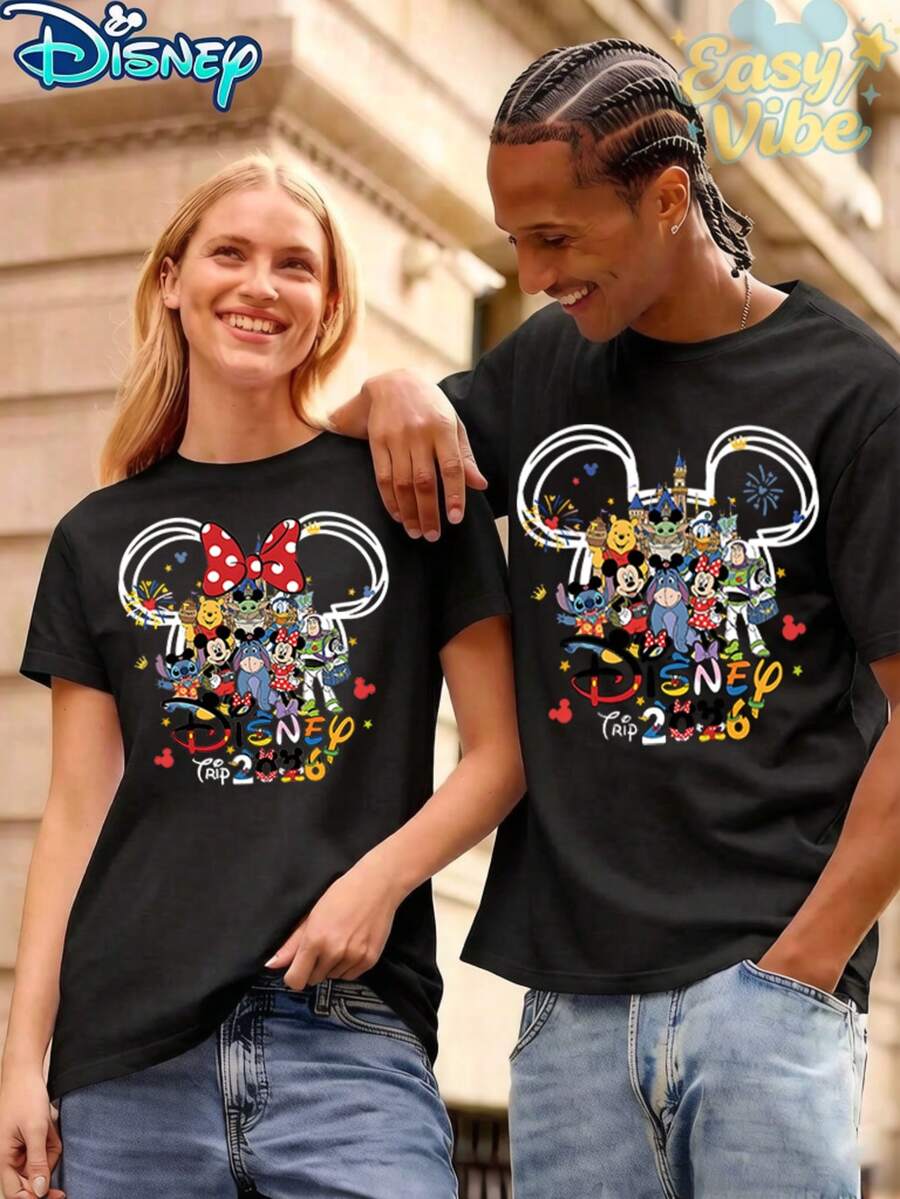 Disney Trip 2026 Castle & Full Character Cartoon Print - Women's T-shirt Black - View 1