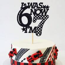 1件裝賽車主題7歲生日蛋糕插牌「I Was 6 Now I'm 7」黑色亮片蛋糕裝飾，格子旗設計兒童生日派對裝飾，賽道風格7歲生日蛋糕插牌 - 賽車6-7 - 查看 1