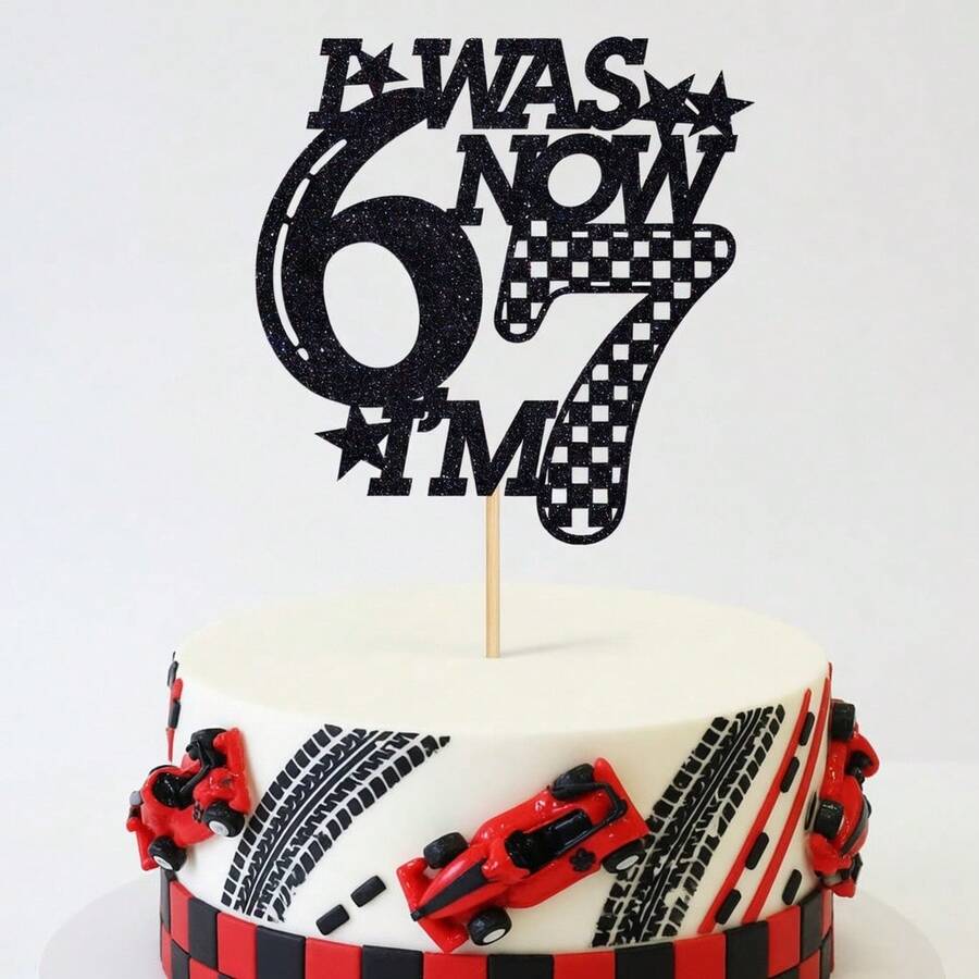 1件裝賽車主題7歲生日蛋糕插牌「I Was 6 Now I'm 7」黑色亮片蛋糕裝飾,格子旗設計兒童生日派對裝飾,賽道風格7歲生日蛋糕插牌 - 賽車6-7 - 查看 1