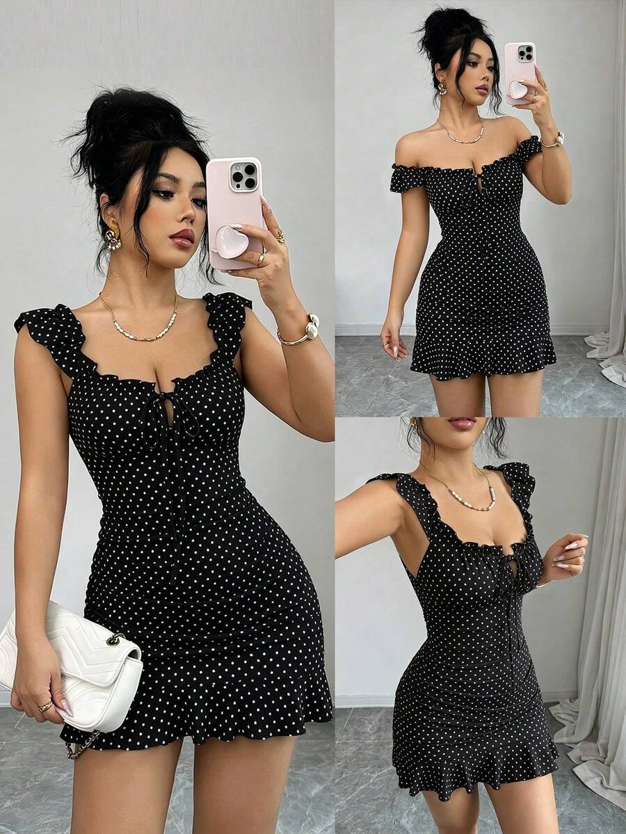 Elegante y sexy vestido ajustado con estampado floral francés y volantes en el bajo, adecuado para citas, vacaciones y uso diario - Negro - Ver 1