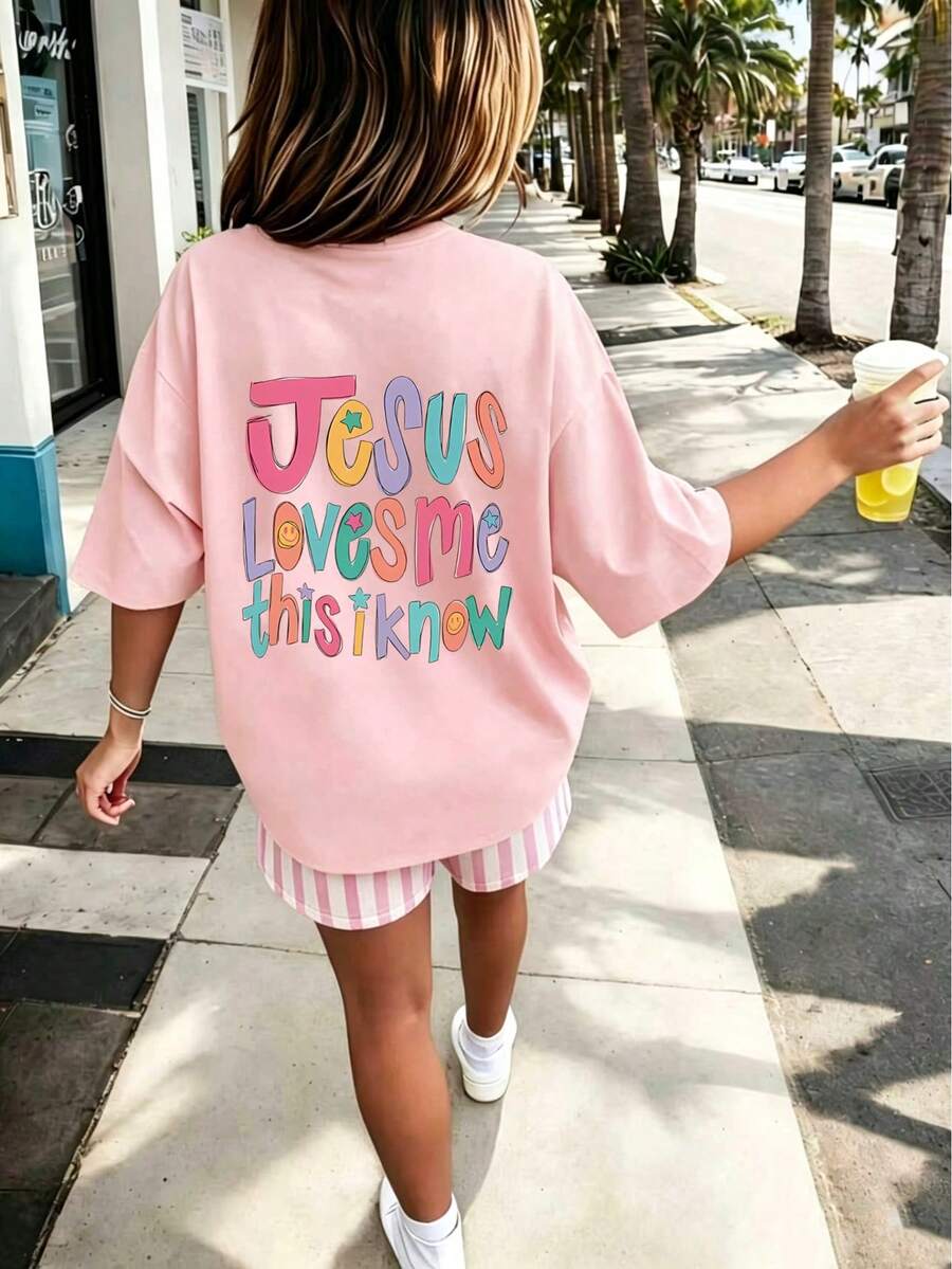 Tween Girl "Jesus Loves Me" Slogan Print Round Neck T-Shirt, Summer Top - Pink - View 1