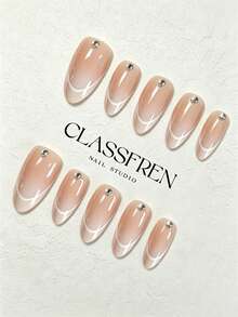 CLASSFREN Handmade Press-On Nails, Nude Pink Gradient Fine White French Line Rhinestone Embellished Style, 10pcs Short & Medium Square & Medium Almond Fake Nails, Reusable High Gloss Acrylic Artificial Nails, Suitable For Women's Daily And Office Use - Multicolor - View 2