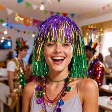 1pc Festive Party Headpiece Purple Gold Green Tinsel Rain Hat Masquerade Costume Shiny Color Block Striped Wig - A - View 4