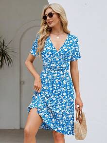 Womens Summer Dresses For Women 2026 Spring Floral Sundress Short Sleeve V Neck Wrap Dress With Pockets Festival Outfits Elegant Dress For Women Dress For Women - 06 藍色花卉 - 查看 5