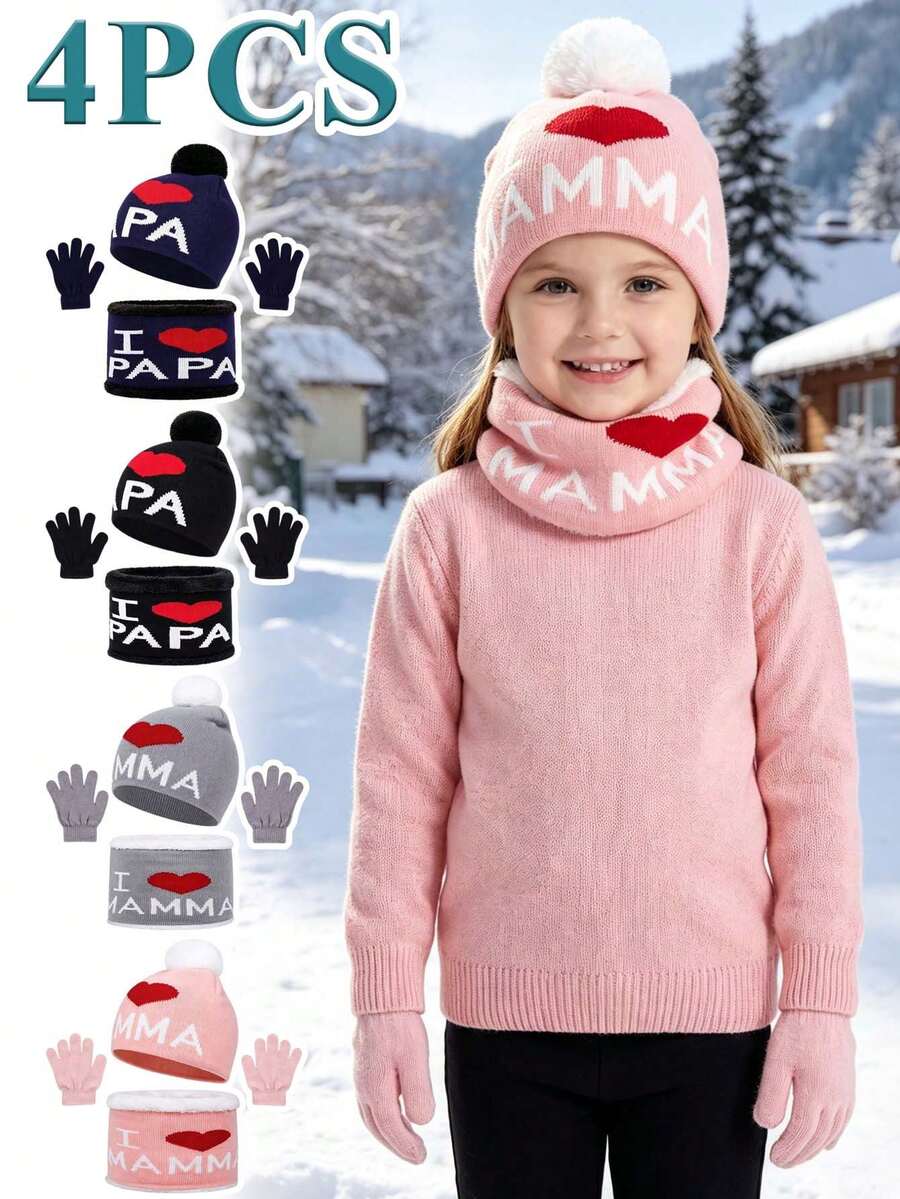4pcs Children's Autumn/Winter Warm Set, Thermal Lined Thickened 4-Piece Set, Heart Letter Knit Hat, Scarf, Gloves Winter Set, I LOVE MAMMA PAPA Heart - 4PCS - View 1