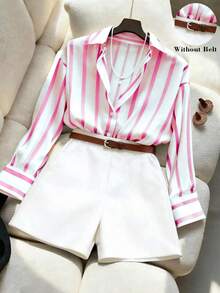 Conjunto de camisa holgada y fluida a rayas y pantalones cortos de talle alto en azul marino para mujer, conjunto de vestir minimalista y elegante para primavera/verano - Rosa - Ver 1