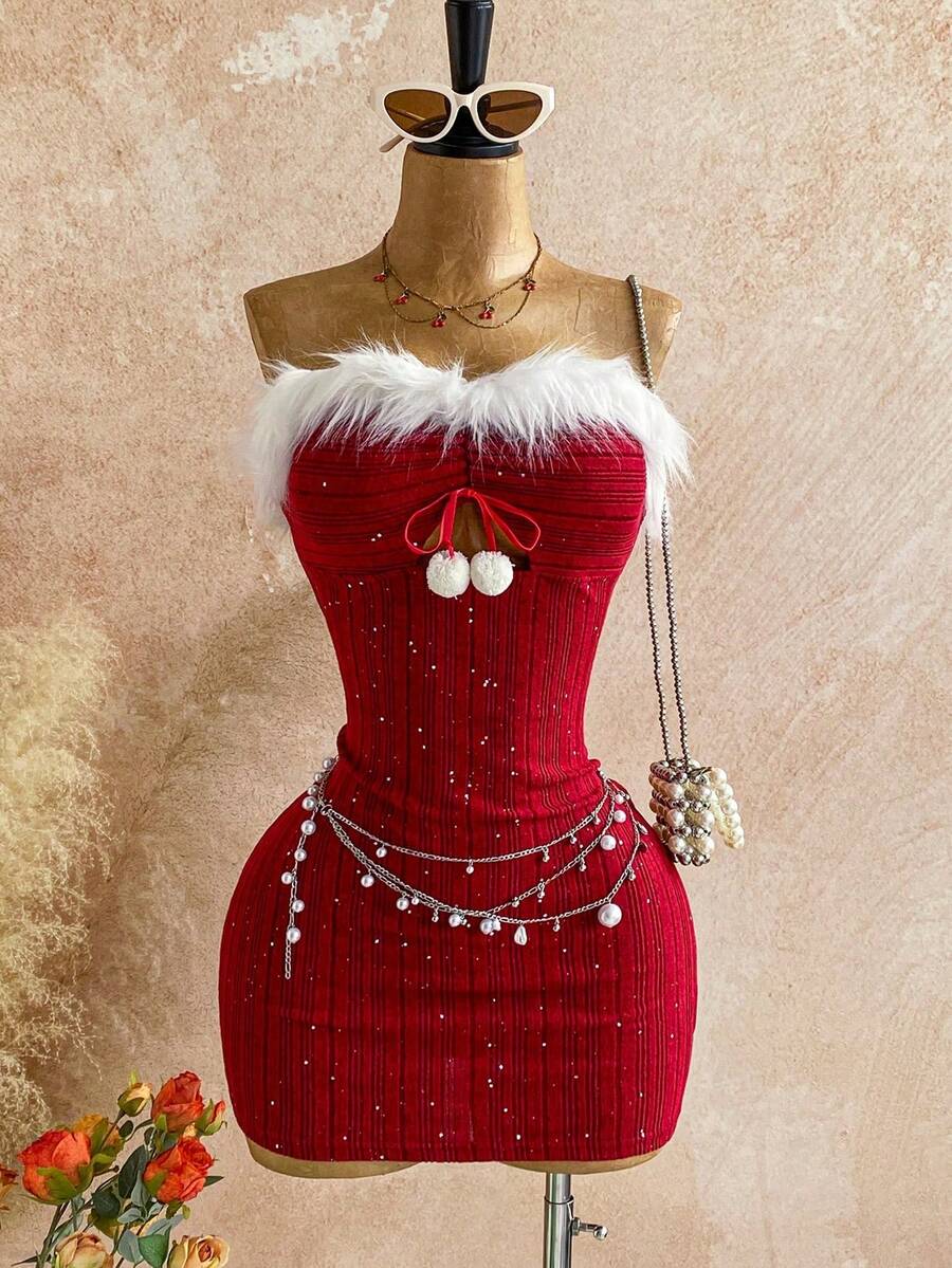 body con mini de mujer con textura de punto blanco para vacaciones, sin tirantes, con escote calado, fruncido, con decoración de estrella de mar metálica, sexy para fiesta, cita, playa, resort de verano - Burdeos 2 - Ver 1