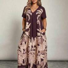 guangzhougaolangshangmao Freevana Vestido de talla grande para mujer con bolsillos, de manga corta y estampado floral para vacaciones - Marrón - Ver 1