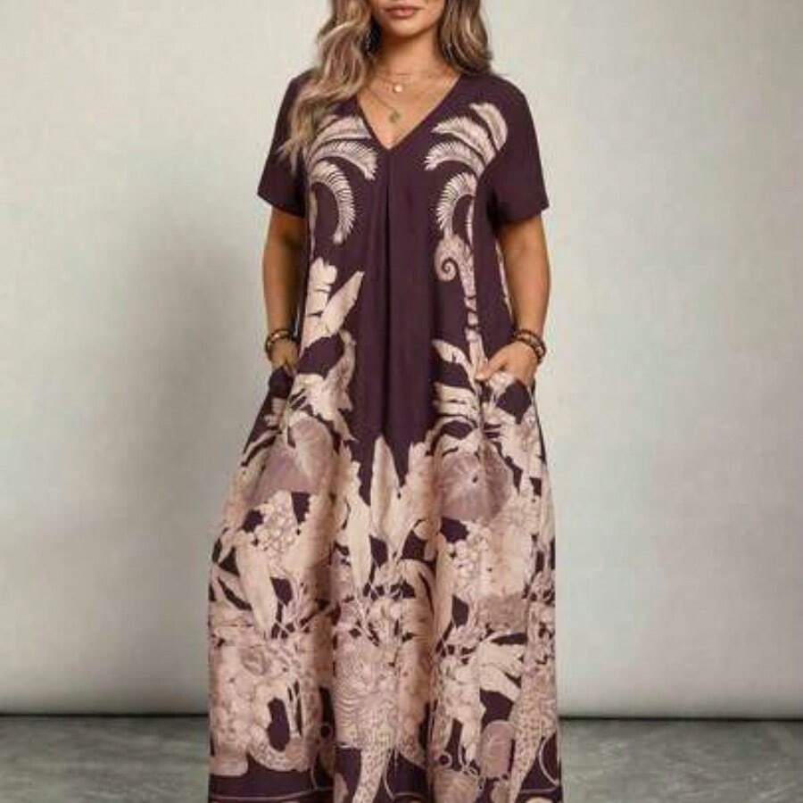 guangzhougaolangshangmao Freevana Vestido de talla grande para mujer con bolsillos, de manga corta y estampado floral para vacaciones - Marrón - Ver 1
