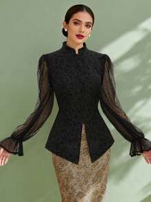 1pc Jacquard Elegant Lace Patchwork Jacquard Women's Blouse, Black, Spring/Summer - Black - View 2