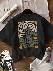 Women's Short-Sleeved Round Neck T-Shirt With Decorative Print, Spring/Summer Casual Top, Women's Clothing, Women's T-Shirt. - 黑色 - 查看 3
