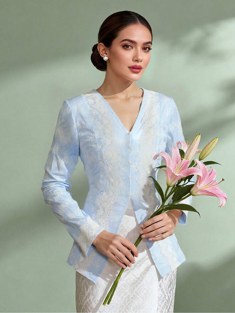 1pc Elegant Lace Patchwork Long Sleeve Blouse, Blue - Baby Blue - View 1