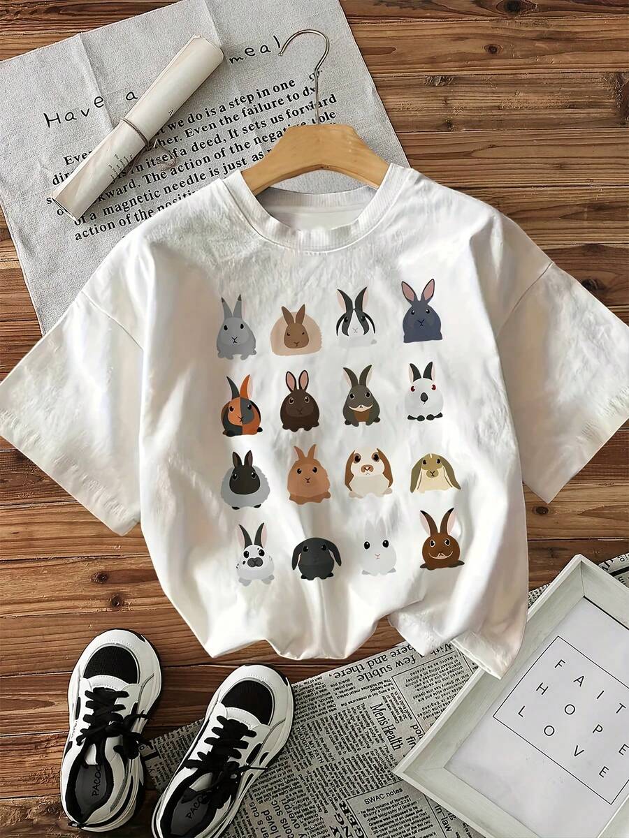 Minimalist. 100% Cotton. Easter Bunny Print T-Shirt, Casual Short-Sleeved Round Neck Top For Women, All-Season Graphic Tee With Cute Bunny Design, Regular Length - "Chu Xuan Xuan" Collection. Spring/Summer Top. - 白色 - 查看 1