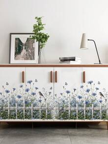 2pcs Blue Plant Flower Fence & Baseboard Pastoral Plant Stickers, Spring Home Decor, Mixed Colors, Self-Adhesive PVC Wall Decals - 68022-sulan Xiaoyu - View 5