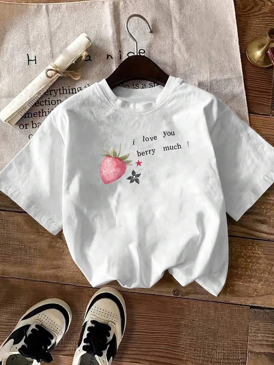 Minimalist. 100% Cotton. 1paPlus Size - Women's Summer Short-Sleeved T-Shirt With Cute Cartoon Pattern (Strawberry, Star, Flower And English Slogan), Printed Fashion Casual Top, Elegant Women's Clothing. Spring Summer Top - 白色 - 查看 1