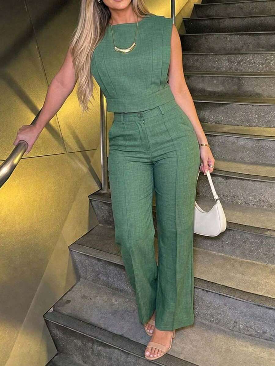 2 Pieces Round Neck Cap Sleeve Crop Top And Casual Pocket Design Straight Pants Set - màu xanh lá - Xem 1