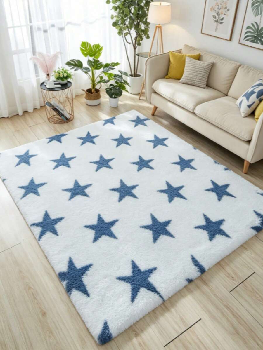 1pc Blue Star Pattern Doormat, Decorative Carpet, Bedroom Decor, Carpet, Home Decor, Small Living Room Rug