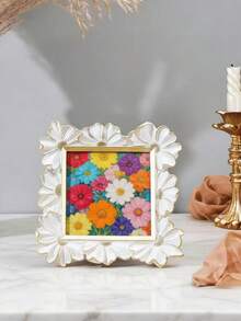 1pc K-Pop Star Card Album White Resin Photo Frame With Gold Trim, 3D Daisy Pattern Decorative Photo Frame, Square Family Desktop Display, Horizontal And Vertical Use, Suitable For Home Decor And Photography Props - A - View 7