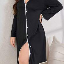 LunaCass8  Vestido de dormir casual con botones y ribete de color contrastante, atuendo acogedor para otoño e invierno - Negro01 - Ver 7