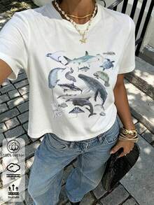 Casual Short-Sleeved Printed T-Shirt. 100% Cotton. 1 Pack. A Summer Must-Have: Women's Cotton T-Shirt With An Ocean-Inspired Whale Print, Featuring A Round Neck And Short Sleeves, Is Perfectly Soft And Comfortable As Casual Wear For Spring/Summer. Spring/Summer Top - 白色 - 查看 1