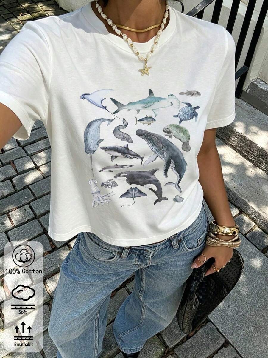 Casual Short-Sleeved Printed T-Shirt. 100% Cotton. 1 Pack. A Summer Must-Have: Women's Cotton T-Shirt With An Ocean-Inspired Whale Print, Featuring A Round Neck And Short Sleeves, Is Perfectly Soft And Comfortable As Casual Wear For Spring/Summer. Spring/Summer Top - 白色 - 查看 1