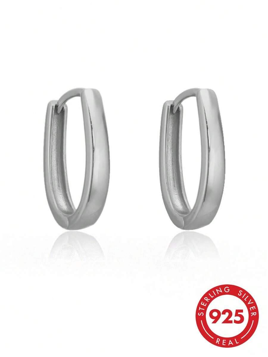 HuooNew 1 Pair 925 Sterling Silver Oval Small Hoop Earrings, Delicate Clip-On Earrings, Hypoallergenic Silver Jewelry, Suitable For Women And Men, Perfect Gift - Silver - View 1