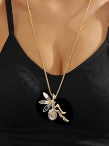 1pc Korean Popular Sweater Chain Exquisite Shiny Classic Hollow Out Key Shaped Long Necklace With Full Rhinestones - Yellow Gold - View 1
