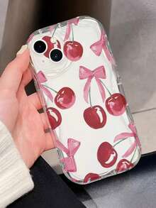 1pc Transparent 3D Wave Texture Phone Case With Red Cherry And Bow Pattern, Compatible With 17Promax/16Promax/15Promax/17Pro/16/15/14/13/12/11 - Clear - View 2