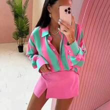 Nana's Women's Clothing Store Camisa de mujer de poliéster con cuello, con botones delanteros, con un llamativo patrón de rayas, de manga larga, de longitud regular, color rosa para fiesta, vacaciones, boda, primavera - Morado - Ver 4