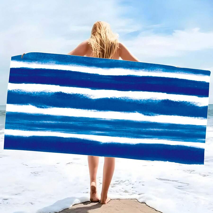 1pc Navy Blue Striped Print Oversized Microfiber Beach Towel, Unisex Travel Essential, Suitable For Pool, Camping, Summer Vacation