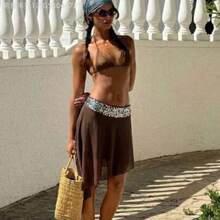 MewMuse. Falda asimétrica con volantes y parches de lentejuelas de estilo vintage Y2K romántico para vacaciones, ropa de verano, ropa de playa y vacaciones para mujeres - Marrón - Ver 1