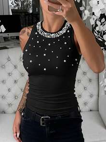 ChicMe Women's Pearl Decorated Ribbed Knit Tank Top, O-Neck Sleeveless High Elastic Slim Fit, Casual Daily Commute Top - Black - View 10