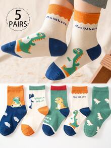 5 Pairs Kids Mid-Calf Socks, Cartoon, Letter, Dinosaur, Striped Patterns, Casual, Sports Style, White, Green, Orange, Blue, Multicolor, Colorblock, Children's Socks, All-Season, Suitable For Students Daily, Versatile, Back To School, Classroom - Multicolor - View 1