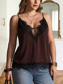 Plus Size Women Lace Patchwork Sexy Camisole - Brown - View 5