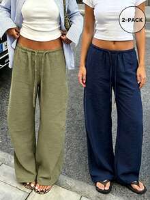 Summer Bestie 2-Piece Set Green & Navy Blue Wide Leg Pants, Elastic Waist Drawstring Loose Drapey Casual Pants, Lightweight Breathable Linen Texture Slouchy Women's Long Pants - Green and Navy Blue - View 1