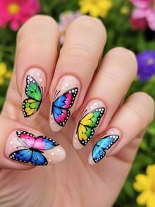 Uñas postizas pintadas a mano con diseño de mariposa arcoíris, forma de almendra media-larga, puntas de uñas falsas de color nude translúcido que iluminan la piel - Multicolor - Ver 6