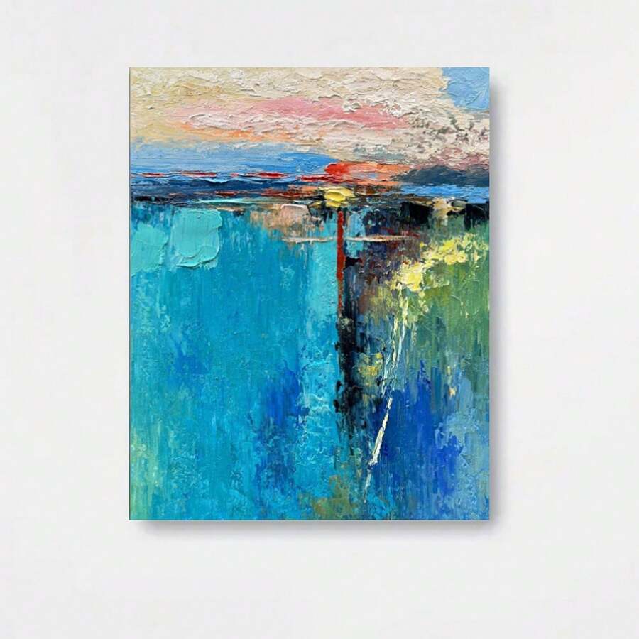 Pintura al óleo abstracta azul plana 2D pintada a mano para pared - Sin marco, moderna y minimalista, adecuada para decoración nórdica y Wabi-Sabi, pincelada abstracta retro para sobremesa o colgante para sala de estar, dormitorio, entrada - Decorativa - Enmarcado - Ver 1