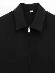 Solid Color Polo Collar Short Sleeve Top, Spring/Summer Black - Black - View 4