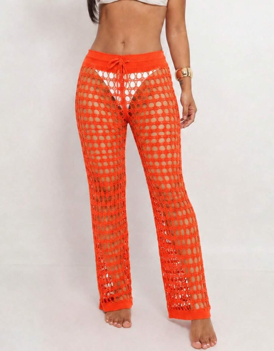 Knitted Beach Cover-Up Pants With Elastic Tie-Up Fishnet - Red - View 1
