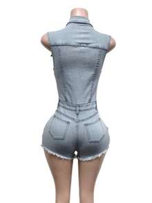 Denim Jumpsuits For Women Sleeveless Short Jumpsuit Stretch Slim Romper, Y2K Street Fashion Women's Clothing - 淺色水洗藍 - 查看 5